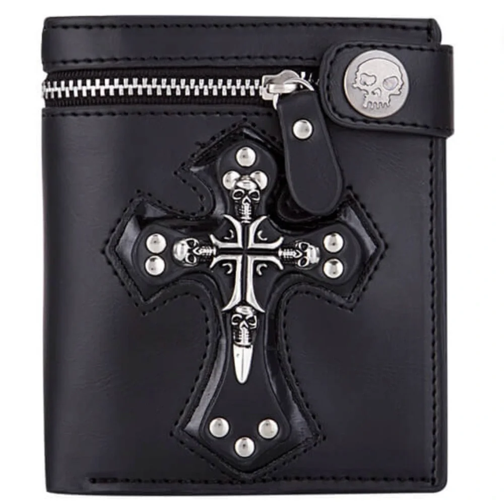 Goth Skull Cross Wallet w/ Chain Black Biker Emo Punk Zip Coin Bill Pocket